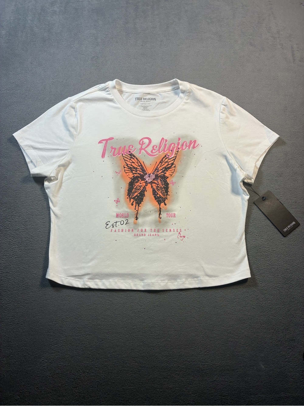 True Religion White Cropped Tee with Pink Logo & Orange Butterfly
